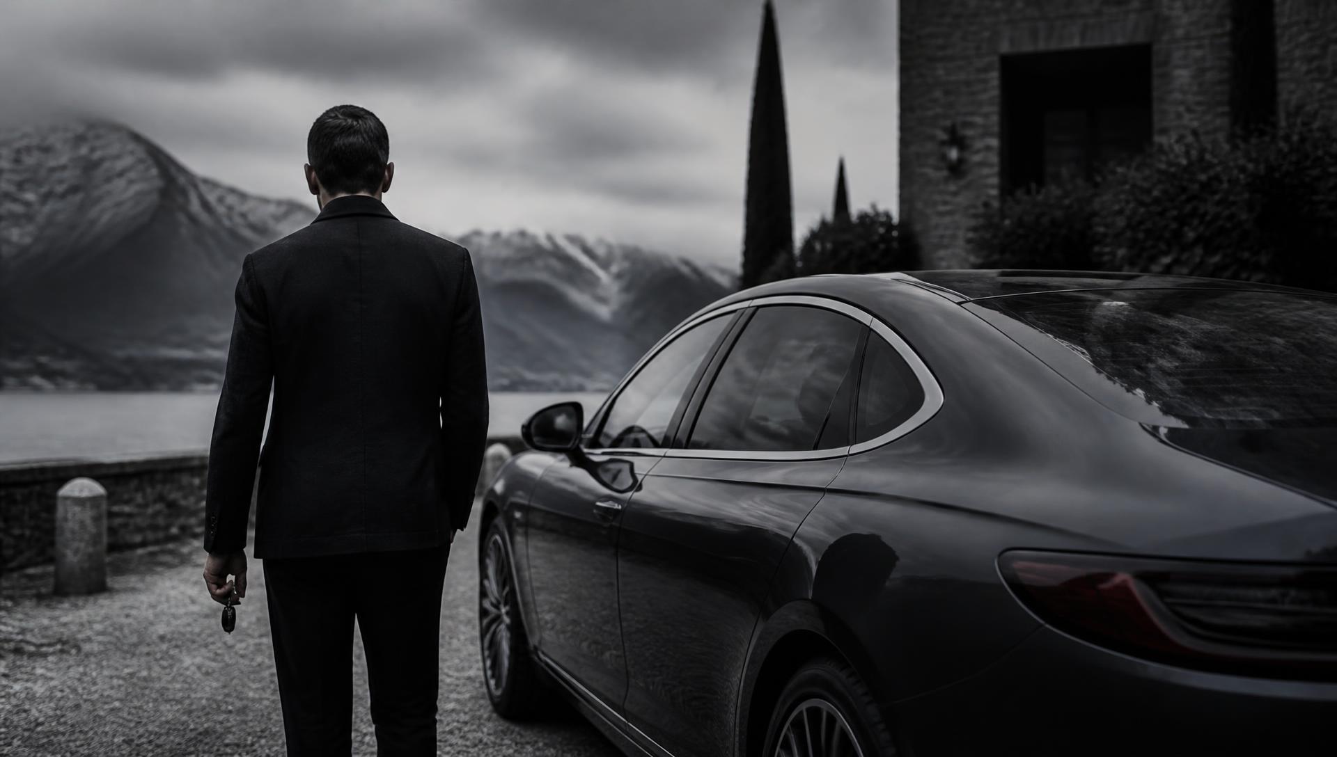 Professional driver next to a premium vehicle at a European destination